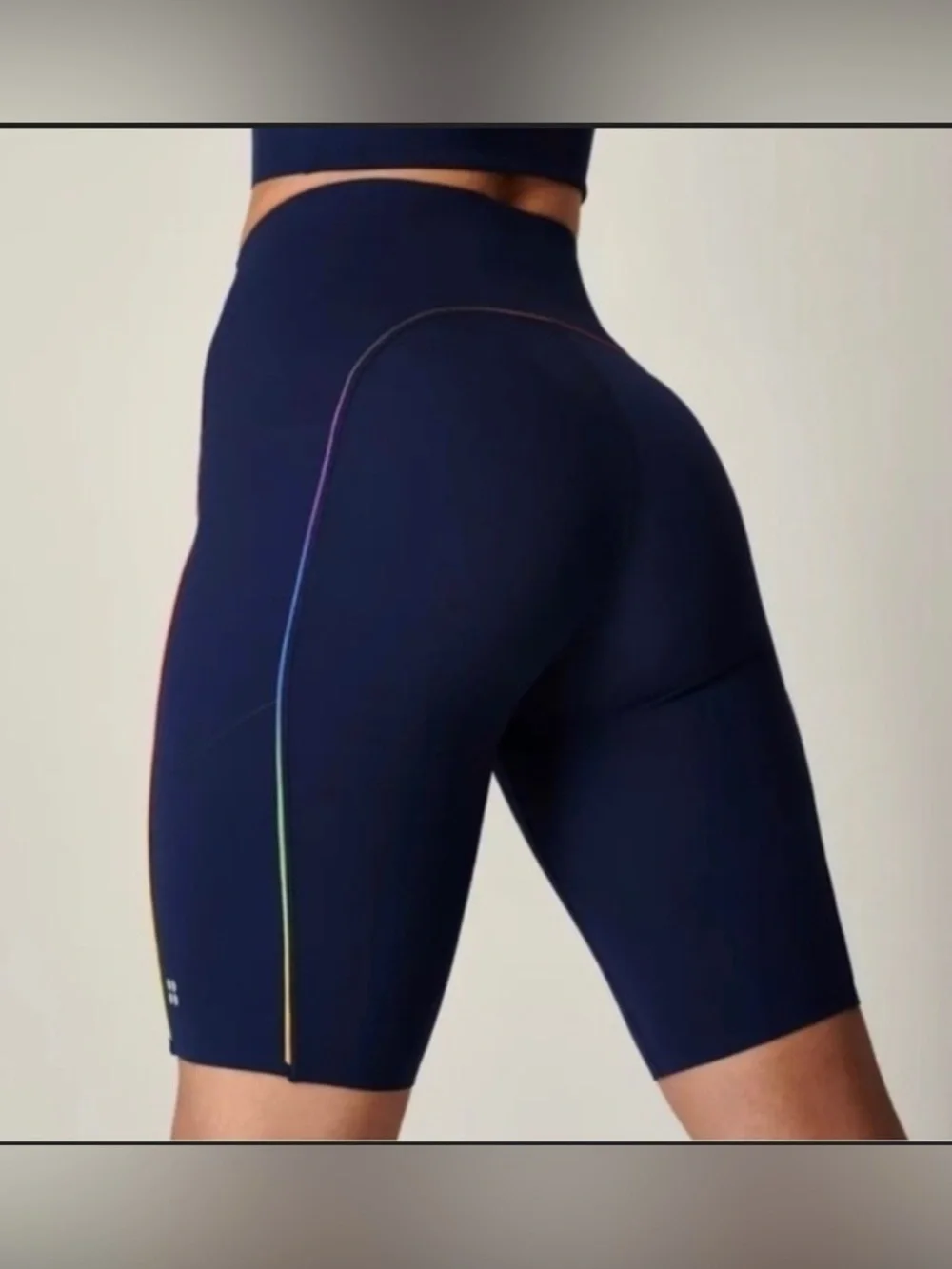 Sweaty Betty Power 9” Biker Shorts Size XS Navy Blue Rainbow Trim High Waist